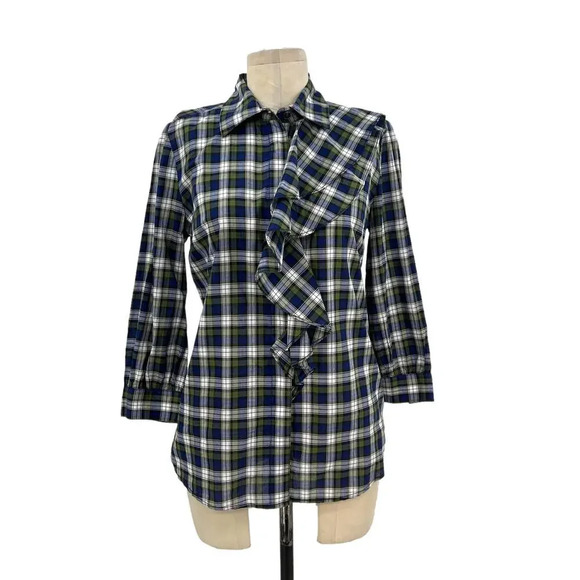 Tory Burch Tartan‎ Plaid Ruffle Collared Button Up Shirt Blue Green Size 4 - Picture 2 of 12